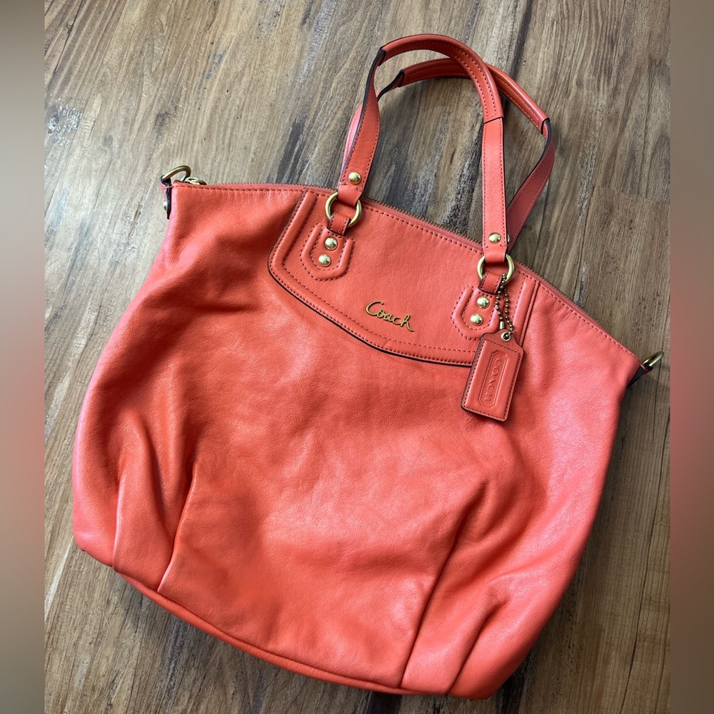 Coach Coral Pink Leather Tote Hobo Bag Large Purse - Picture 1 of 10
